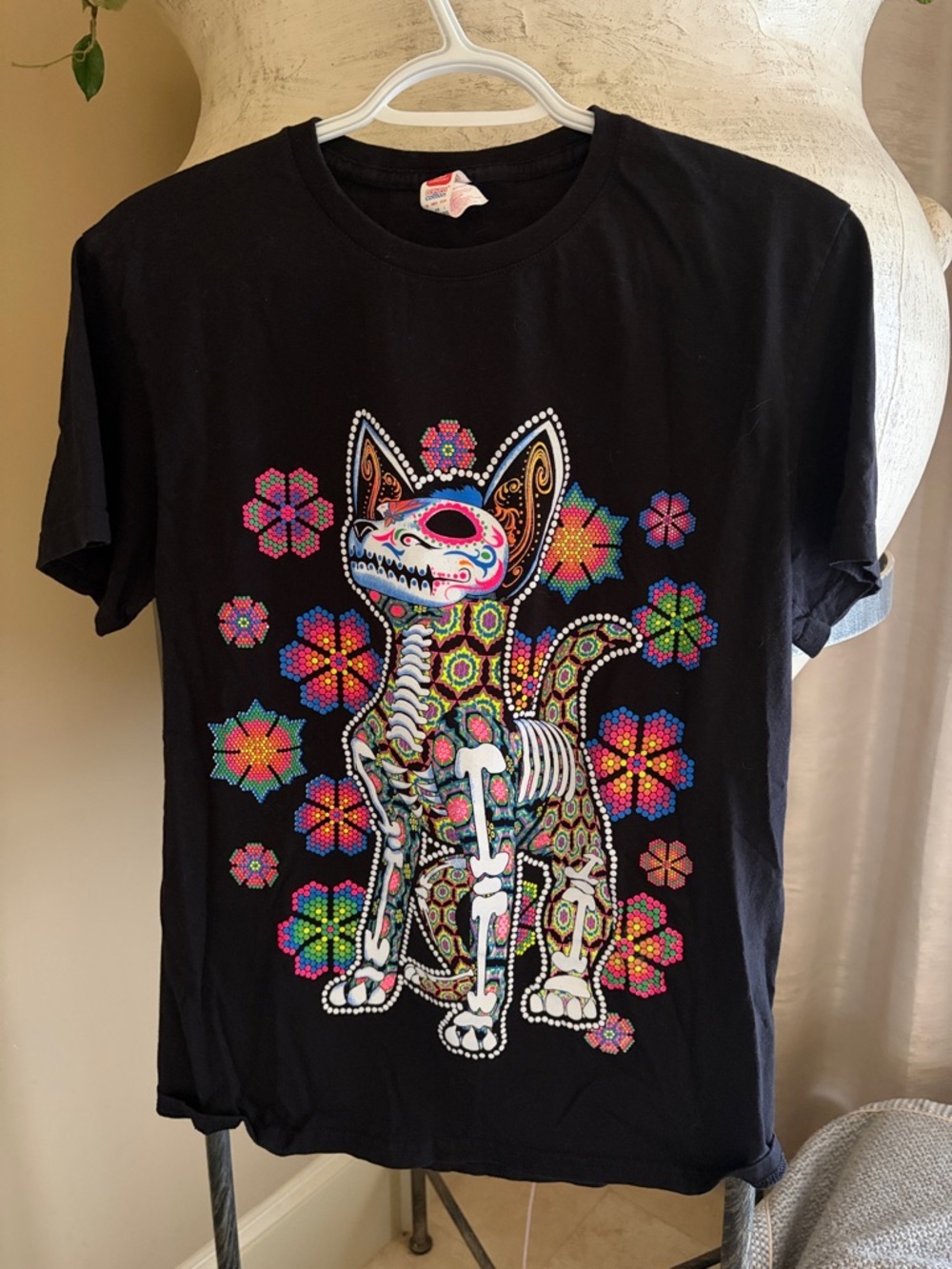 Black Dog Skeleton Graphic Tee - Colorful Dia de los Muertos Design
